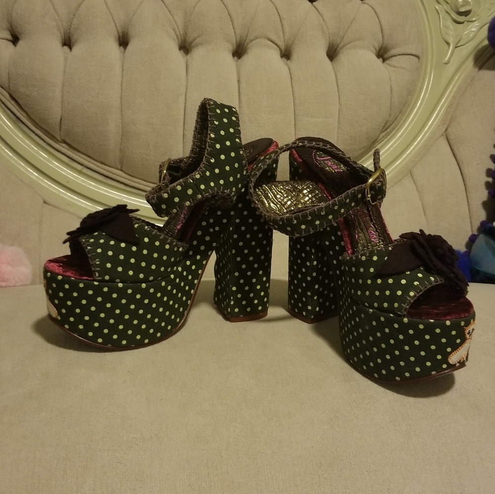 Irregular Choice Green Polka Dot Floral Platform Sandals - Picture 4 of 15